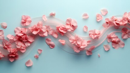 Fototapeta premium Pink flowers and petals arranged on a wavy line