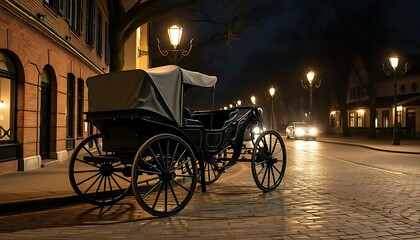 Horse Drawn Carriage Parked On A Night Street