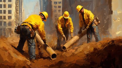 Fototapeta premium Construction Workers Collaborate on Urban Development Project