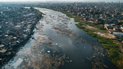 Fototapeta premium Urban River Pollution: Aerial view of a polluted river cutting through a densely populated urban area, revealing the stark contrast between human settlement and environmental degradation.