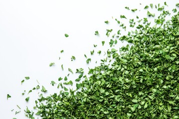 A pile of finely chopped green herbs on a white background.
