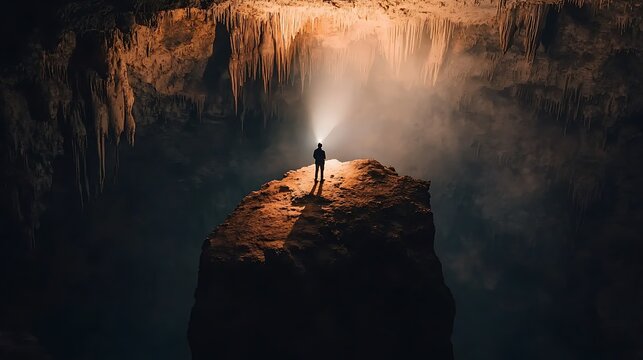 Lone explorer illuminates vast cave, geological formations in background; adventure, exploration stock photo