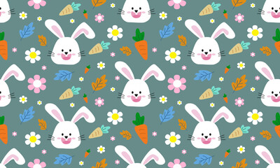 a fabric pattern composed of cute bunny,carrot and flowers with green background designs