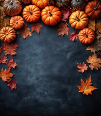 Colorful Autumn Scene Featuring Various Pumpkins Surrounded by Vibrant Fall Leaves on a Dark Background Ideal for Seasonal Themes and Harvest Festivities