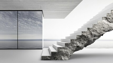 Obraz premium Modern minimalist interior with unique rock staircase and large glass wall reflecting serene landscape views