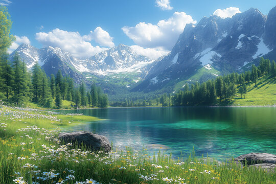 A tranquil mountain landscape featuring a clear, turquoise lake surrounded by lush green forests and towering mountains in the background. The scene is illuminated by bright sunlight, with fluffy whit