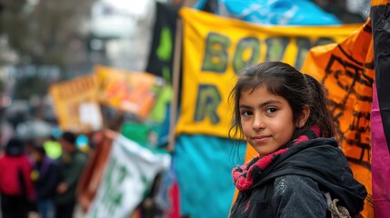 Obraz premium Young Activist in a Crowd: A determined young girl stands amidst a crowd of protesters, her eyes locked on the camera, conveying a powerful message of hope and resilience in the face of adversity. 