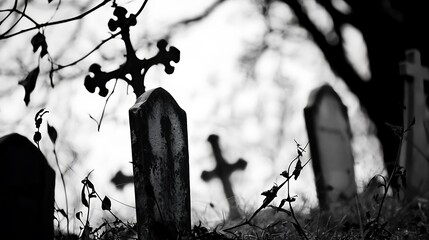 A cemetery with a cross and two white headstones