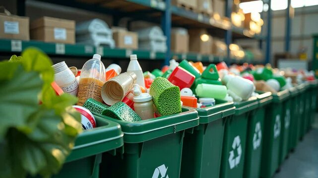 A row of green recycling bins with various items in them. Some of the items include plastic bottles, cans, and cardboard