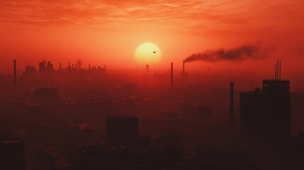 Naklejka premium Crimson Sunset Over Industrial Landscape: A dramatic sunset casts an apocalyptic red glow over a sprawling industrial complex, smoke billowing from factory chimneys against a fiery sky.