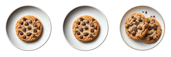 Set of Chocolate chip cookie in a plate isolated on a transparent background