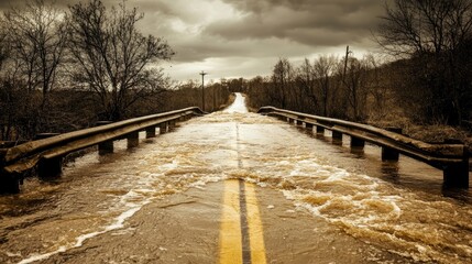 Heavy floodwaters spilling over a bridge, submerging the road amidst dark, gloomy skies.