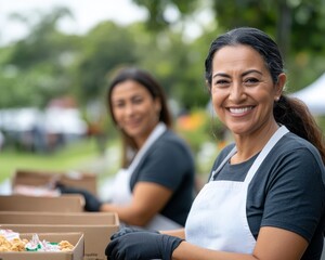 Compassionate Hispanic female volunteers organizing food distribution at local community outreach event, serving diverse neighborhood residents while fostering social connection and unity