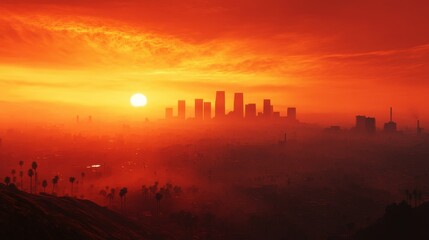 Cityscape Sunset: A breathtaking panorama of a cityscape silhouetted against a fiery sunset, as clouds blaze with vibrant orange hues and a golden sun dips below the horizon.  