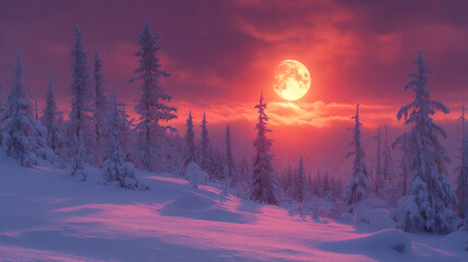 Obraz premium A quiet winter solstice night, with a full moon shining over snow-covered trees