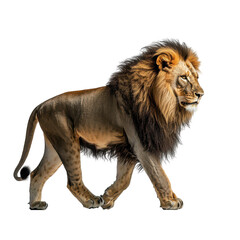 Obraz premium Majestic Male Lion Walking Isolated Black Background