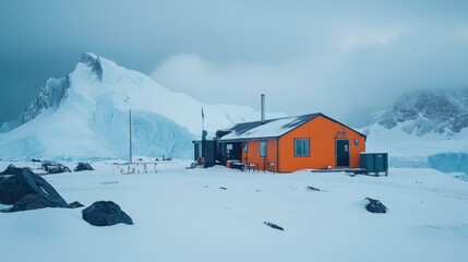 Solitude in the Frozen Wasteland: An orange cabin stands isolated against a backdrop of snow-covered mountains and a glacier, conveying a sense of isolation and resilience.