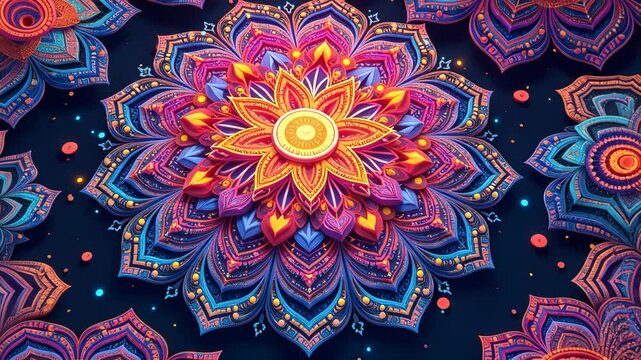 A colorful flower with a yellow center. The flower is surrounded by a blue background. The flower is made of small pieces of paper
