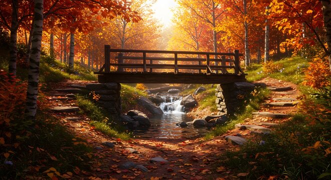"Hyper-realistic image of a wooden bridge spanning a small, babbling creek in a forest during autumn. The bridge is made of dark, weathered wood, and the surrounding trees are in full fall color, with