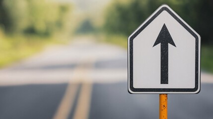 A roadside sign indicates direction with an upward arrow, set against a blurred landscape, suggesting movement or travel ahead.