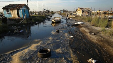 Impoverished coastal Community: A poignant image of a weathered community facing the stark realities of environmental change, the image shows the aftermath of a flood.