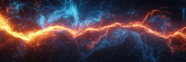 Fototapeta premium Cosmic energy surge with vibrant blue and orange plasma streams across a dark starry background. Generative AI