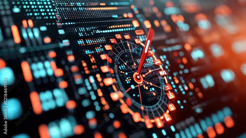 Poster high-tech interface with clock element and data visualization in orange and blue colors