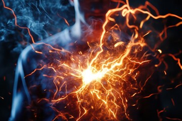 Energetic display of light and motion with sparks and smoke around a person in a dynamic environment at night. Generative AI