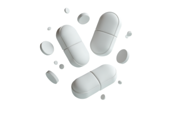 A large pile of white pills cascading down onto a contrasting black background, creating a striking visual representation of health essentials