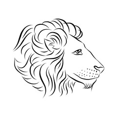 Lion's head in profile. Black line drawing, logo. Vector illustration
