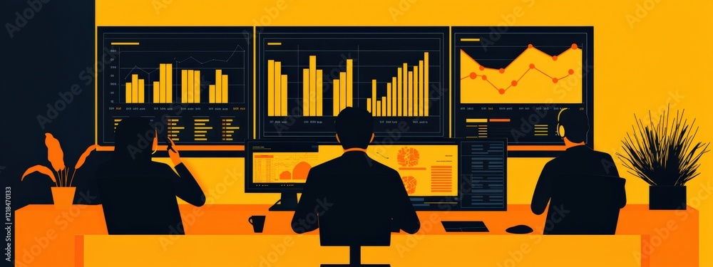 Poster modern office workspace with business analysts working on multiple monitors and data visualizations 