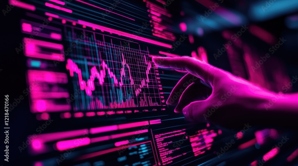 Poster hand reaching towards digital interface with colorful data visualization in futuristic environment