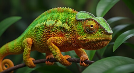 "Hyper-realistic image of a chameleon displaying its full spectrum of vibrant colors, set against a neutral, natural background of leaves. The chameleon’s body is in the process of shifting from green