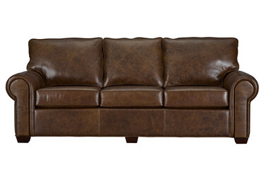 A  leather sofa in a minimalist design with wooden legs + clipping path. The sofa is isolated on a White background.