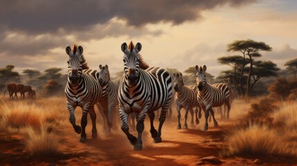 Obraz premium Herd of zebras running across savanna at dusk with dramatic clouds in the background and tall grass swaying gently