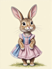 Obraz premium A charming illustration of a bunny dressed in a pastel-colored dress, showcasing a whimsical and playful character.