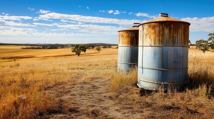 Obraz premium Rusty Silos in Open Fields: A picturesque landscape featuring two weathered, rusty silos standing tall against a backdrop of golden fields stretching out to the horizon under a clear blue sky.