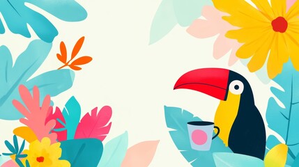 Obraz premium Colorful Tucan with Coffee Cup Among Vibrant Tropical Foliage Illustration