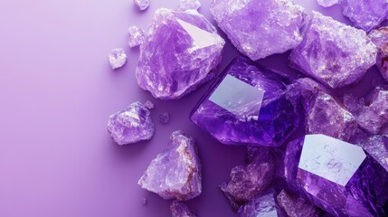 Fototapeta premium Stunning collection of purple amethyst crystals scattered on a lilac background showcasing their natural beauty and unique facets