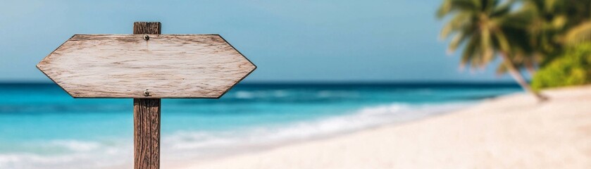 Fototapeta premium A wooden signpost on a sandy beach with turquoise waters and palm trees in the background, suggesting a tropical getaway.