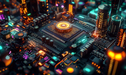 Fototapeta premium A vibrant, futuristic cityscape with glowing circuitry and intricate patterns in a digital universe.