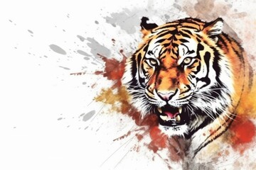 Naklejka premium Majestic tiger with vibrant colors and artistic splashes expressing power and grace in nature
