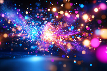 Naklejka premium Iridescent Particles Dance in Zero Gravity, Shimmering Blues, Pinks, and Purples Burst and Float in a Surreal Weightless Space