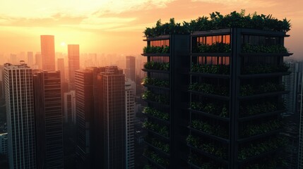 Futuristic Cityscape with Green Rooftop Buildings at Sunset
