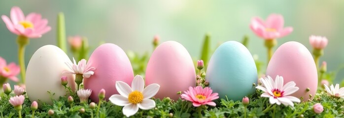 Fototapeta premium Soft pastel-colored Easter eggs nestled among a variety of delicate flowers, creating a serene and elegant spring scene