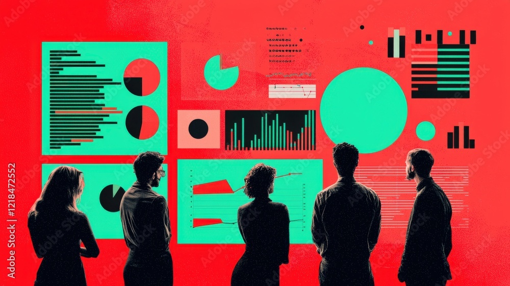 Poster team analyzing data visualizations with colorful graphs and charts in modern workspace setting