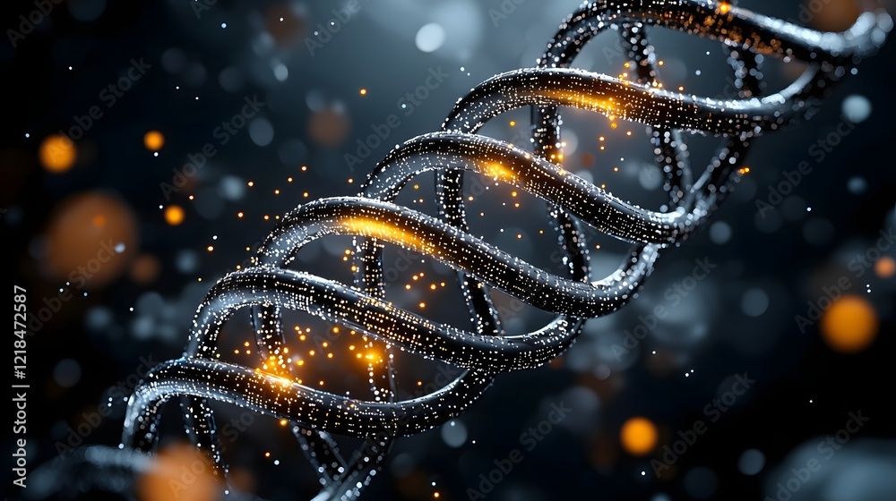 Poster Futuristic abstract DNA technology concept featuring glowing double helix strands intertwined with digital data elements representing cutting edge medical science background for professional use