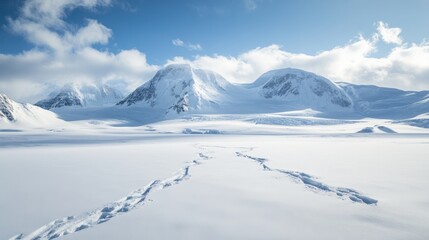 Frozen Footprints:  A breathtaking panorama of snow-capped mountains rises above a pristine white expanse of ice and snow, with a lone set of footprints leading towards the horizon.