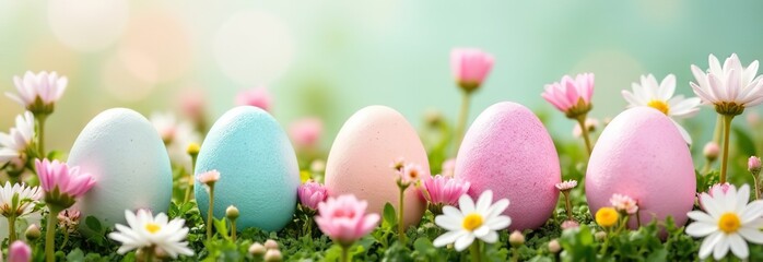 Fototapeta premium Soft pastel-colored Easter eggs nestled among a variety of delicate flowers, creating a serene and elegant spring scene
