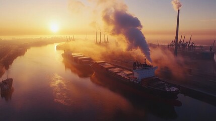 Obraz premium Sunrise Over Industrial Harbor: An aerial view of an industrial harbor at dawn, with smoke billowing from industrial stacks against a backdrop of a vibrant sunrise.